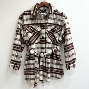 Gibson Latimer Oversized Belted Plaid Shacket Jacket Cream Brown Long Line Large